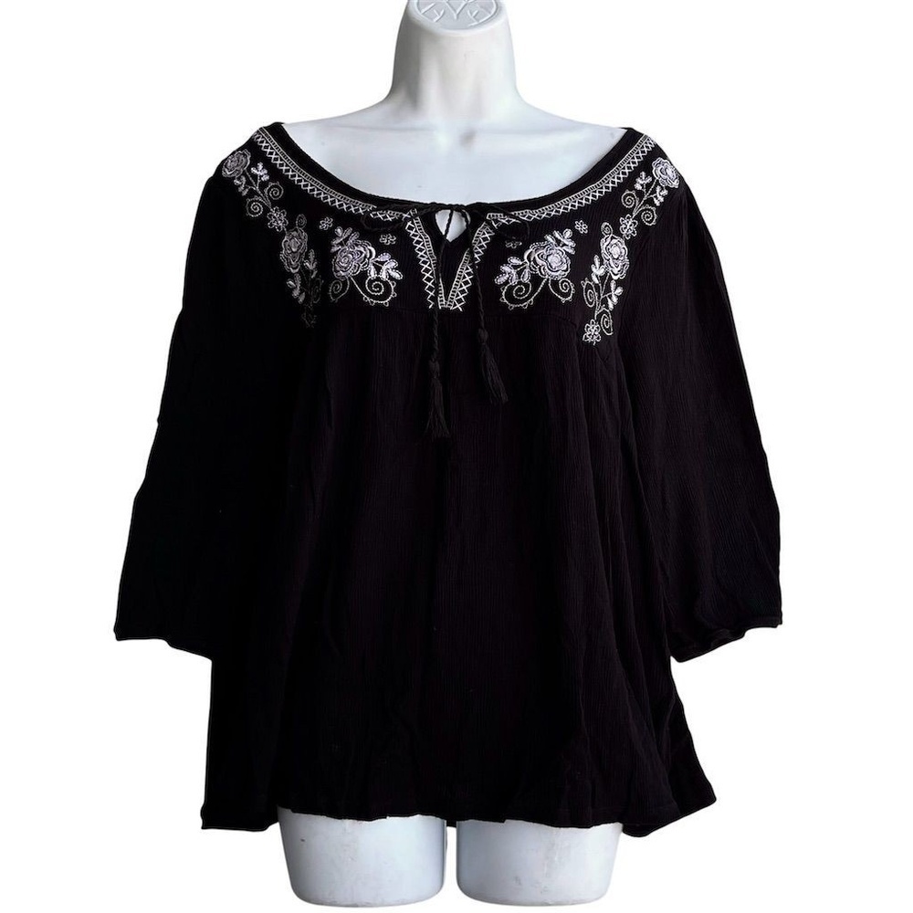 One World Floral Embroidered Top Sleeve Women's 3X 3/4 Black Boho Blouse
